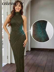 Elegante vestido de noche de sirena con lentejuelas y espalda descubierta, color negro, vestido formal para invitados de boda, adecuado para cena de gala, primavera - Verde Oliva - Ver 3
