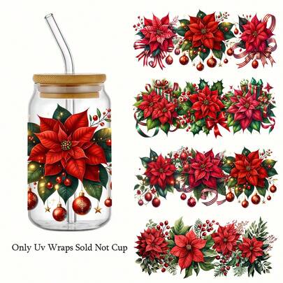 4 piezas de pegatinas de transferencia UV DTF resistentes al agua y a los arañazos - Diseños festivos de flor de Pascua navideña para vasos de 16 oz, botellas, decoración del hogar, computadoras y manualidades navideñas, proyectos DIY, decoración estacional, vinilo, suministros de manualidades, regalos