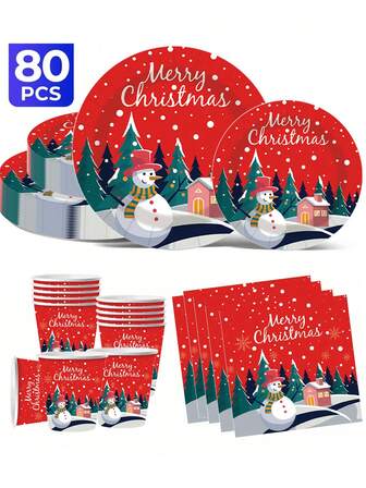 [Neue Ankunft für Weihnachten] Weihnachtsthema 20/40/50/60/80/100 Stücke/Set, inklusive 18cm Pappteller, 23cm Pappe, 266ml Becher, Servietten, geeignet für tägliche Zusammenkünfte, Geburtstagsfeiern, Bridal-Shower, Baby-Shower