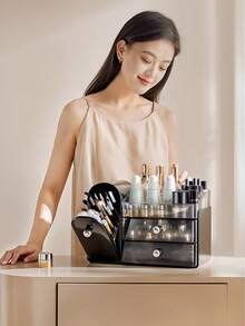 Organizador de maquillaje de acrílico, estante de almacenamiento de escritorio a prueba de polvo, soporte de tocador con estilo de cajón