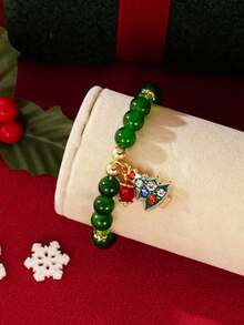 1 Stück minimalistisches grünes Perlen-Kristall Weihnachtsbaum Charm Elastikarmband, Damen Accessoire für den täglichen Gebrauch, Dates, Partys, Weihnachtsgeschenk