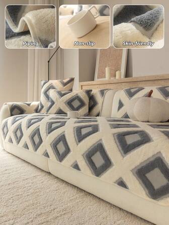 1 pieza Cojín de sofá de jacquard de franela con patrón de diamante, almohadilla de asiento lavable para sofá de 1 a 4 plazas, cubierta de sofá antideslizante y resistente a las mascotas para sala de estar, dormitorio y oficina