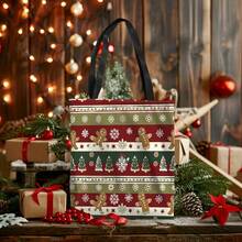 5 piezas, Bolsa de tela estampada por ambos lados con muñeco de nieve, árbol de Navidad y hombre de jengibre, bolsa de la compra con estampado animal, estilo bohemio y académico, ideal para regalos de Navidad, Acción de Gracias y Pascua, adecuada para uso diario, picnics, vacaciones en la playa, trabajo y escuela, 16in*14in