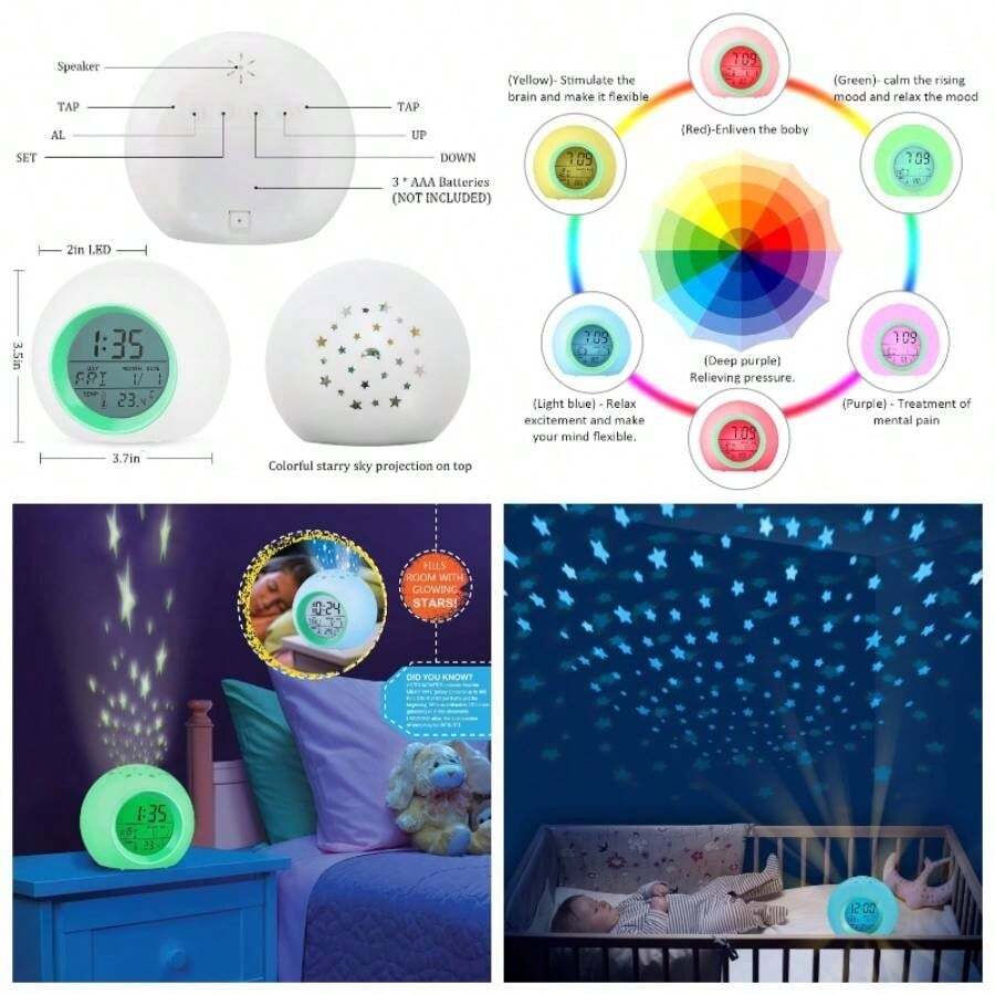 - Reloj despertador para nios, proyector de estrellas lunares, luces nocturnas que cambian de color, control tctil de temperatura para recmara de nios, reloj digital para nias y nios - verde - Ver 1