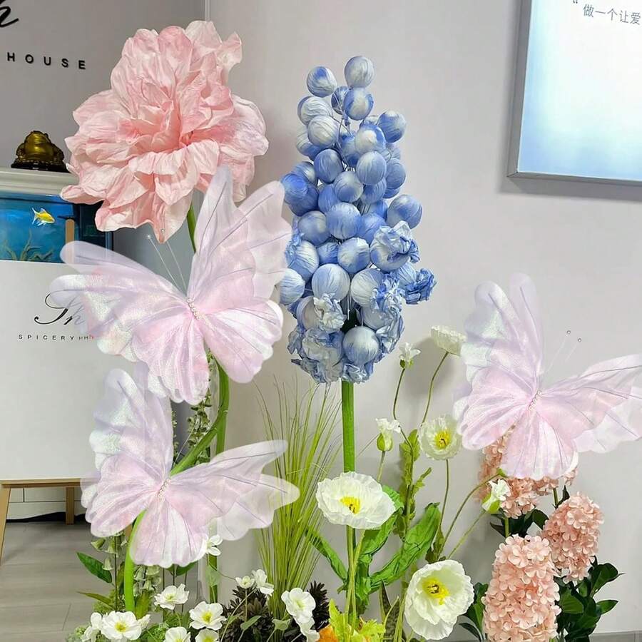 3PCS 20-Inch Silk Butterflies Decoration Set, Large Artificial Butterflies Available In 3 Colors (Purple, Pink, White) For Birthday, Wedding, Easter, Halloween, Christmas, Valentine's Day, DIY Crafts, Party, Home Decor, And Photography Props - 3件粉紅色 - 查看 1