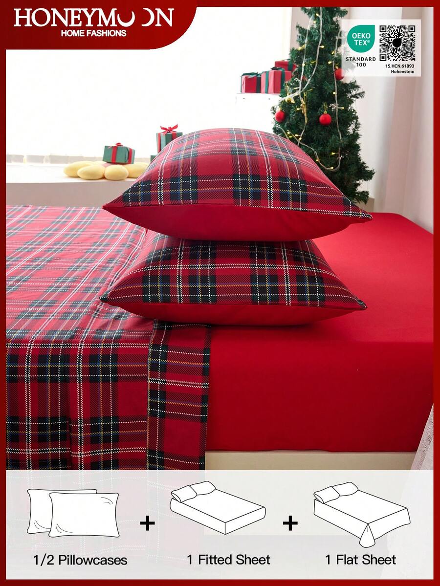 Juego de sábanas de 3/4 piezas con estampado de cuadros rojos navideños, con sensación suave como una nube, resistente a las arrugas y al encogimiento, que incluye 1 sábana plana + 1 sábana ajustable + 1/2 fundas de almohada, sábana de bolsillo profundo, para camas de todos los tamaños, certificado Oeko-Tex