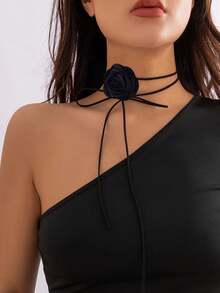 1pc Black Camellia Flower Necklace Neck Strap Versatile Choker Rose Choker Neck Necklace Valentines - Black - View 5