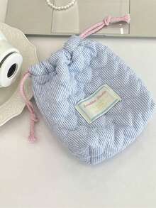 1 PC Pink Blue Stripe Heart-Shaped Cute Lace Laciness Quilted Camera Drawstring Storage Bag Makeup Beauty Tool Storage Bag Portable Makeup Brush Organizer Bag Skincare And Cosmetics Storage Bag Travel Office Dorm Bedroom Storage For Lipstick, Accessory, Earphones, Charger, Make Up Storage Organizer Bag Makeup Pouch Bag For Girls, Friends Gift, Birthday Day Gift