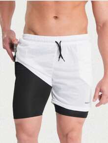Kit 2 Bermuda 2em1 Masculino Academia Proteção UV Bolso pra Celular e Alça para toalha/camiseta - Branco+Marinho - Visão 3