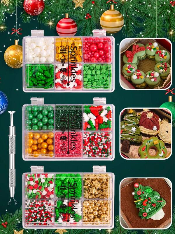 6 Gitter Mix Zuckerstreu-4 Krallen Streuer Stift, Weihnachts-Kuchen Dekoration, Transparente Geschenkbox Verpackung, Backen Kuchen Dekorationen, Weihnachts-Themen Stile, Neujahr Stile