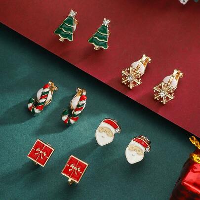1 Set Cute Santa Claus & Christmas Tree Clip-On Earrings, No Piercing Required