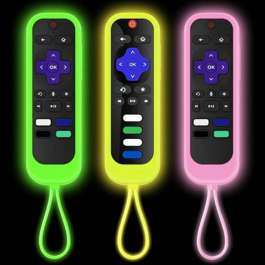 [3Pack] Remote Case Cover Compatible With /Hisense Roku TV Sharp Roku TV Roku Express 4K+ Glow In The Dark Makes It Easy To Find - Green Yellow Pink - View 1