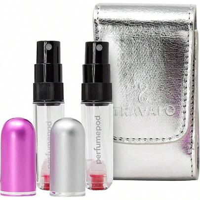 CZ Travalo Pod Pure Perfume Atomizer Duo W/Pouch LeakProof And TSA Approved For Air Travel Reusable Airtight EasyFill Mini Pump Sprayer Clear Body Lid Colors Silver Perfect Pink 2 Pack 6108