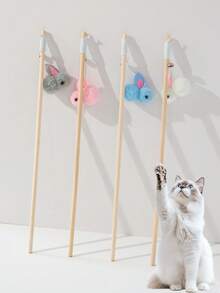 1pc Pet Cat Teaser Wand Toy, Wooden Stick Cat Toy For Kitten, Cute Rabbit Design Cat Toy