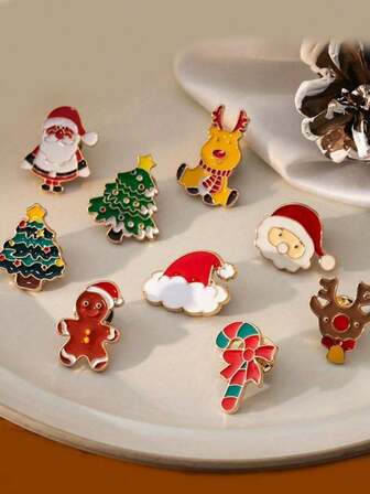 Set de 6 broches navideños de estilo de dibujos animados, serie de broches de Papá Noel, renos y muñeco de nieve, adecuados para alfileres de solapa navideños, decoración de ropa, regalo