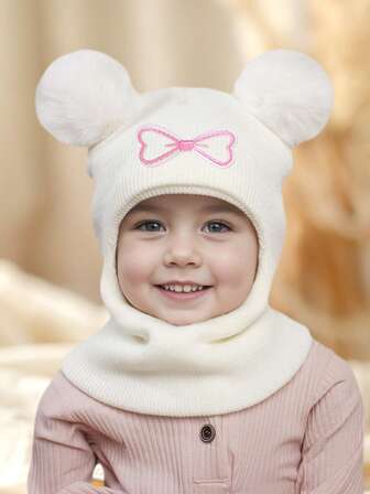 1 قطعة قبعة شتوية دافئة للأطفال من عمر 1-3 سنوات، مزينة بالدب الكيوت والفيونكات المطرزة، من الصوف الناعم، توفر حماية للأذن والرقبة، مناسبة للخروجات الخارجية واللبس اليومي في الطقس البارد