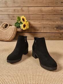 Comfortable & Versatile, Retro Suede Chunky Heel Ankle Boots, Black Suede Fashion High Heel Short Boots, Casual Thick Bottom Anti-Slip Winter Ankle Boots, Black Shoes, Black Boots, Platform Thick Bottom Boots, Women's Short Boots, Women's Boots, Nude High Heels, Platform Shoes, Wide Width Boots, Women's Boots - Black - View 2