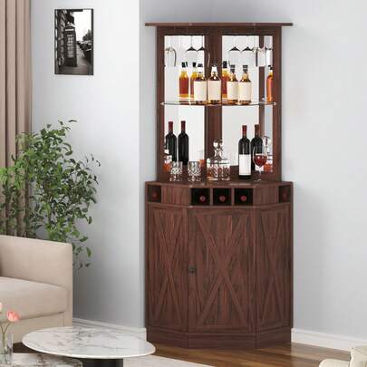Corner Industrial Bar Cabinet, Wine Table For Liquor & Glasses, Sideboard Buffet Cabinet With Glass Holder, Freestanding Farmhouse Wood Coffee Bar Cabinet For Living Room, Home Bar, Black Walnut