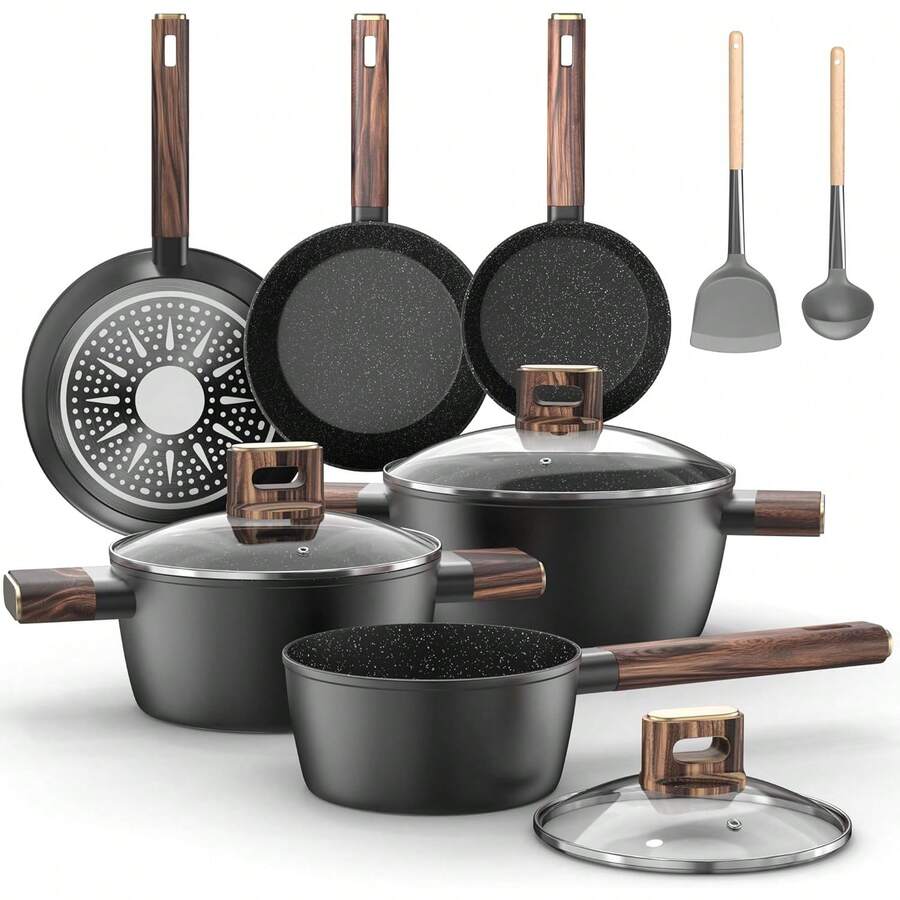 Topfset Pfannenset 11-teiliges - Kochtopf Set Induktion Antihaft-Kochgeschirröpfe Set aus Aluminium, Pfanne 20/28cm, Tiefe Bratpfanne 24cm, Kochtöpfe mit Deckel 16/20/24cm, PFOA-, PFOS-frei Topbooc 6XLN - S - Übersicht 1