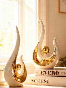 2 piezas de figuras decorativas de cerámica blanca y dorada, decoración de dormitorio en negro y dorado, estatuas de arte moderno abstracto de cerámica, adecuadas para sala de estar, oficina, comedor, decoración de mesa de comedor en negro y dorado