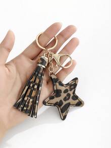 1 قطعة DIY مصنوعة يدويًا من جلد البو ذو طبعة نمر مع شرابة بشكل نجمة خماسية، حلقة مفاتيح نجمية جلدية، هدية إبداعية للحبيب والصديق والصديقة والمناسبات والأعياد والهاتف المحمول وإكسسوارات السيارة وهدايا صغيرة لحقيبة الأحداث وإكسسوارات السيارة وهدايا المعلم والأخت