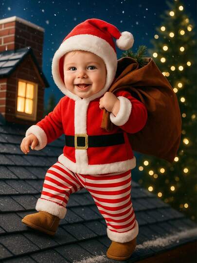 H HIBOBI 2 Pieces Baby Boy Holiday Outfit Red Santa Hooded Jacket And Striped Pants Set 1-18M