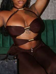 女士性感大胆前卫派对紧身镂空金属环提拉连体裤 春季 - 巧克力棕 - 查看 4