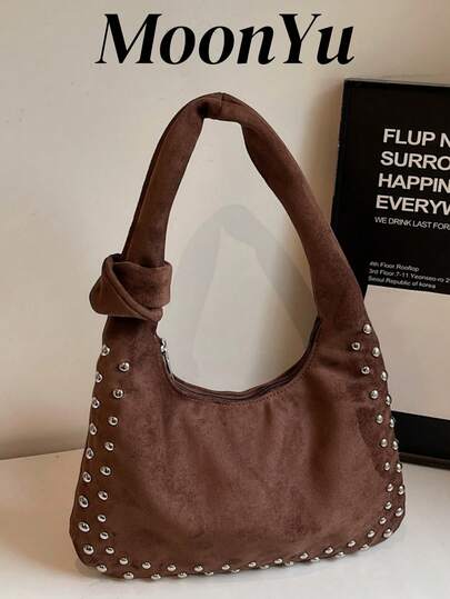 Women's Shoulder Bag, Fashion Rivet Inlaid Faux Suede Retro Crescent Bag, Coffee Color