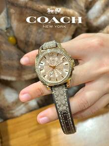 Coach Boyfriend Leather Strap Gold Dial Women's Watch - Brown - View 4