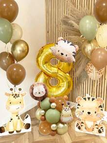 29pcs/Set Jungle Wild Animal Birthday Party Decorations, Cute Wild Animal Birthday Balloon Set, Includes Lion, Giraffe, Tiger Foil Balloons, Vintage Green & Brown Latex Balloons, 32inch Gold Number 1-9 Balloons, Suitable For Birthday Party Decor, 1st Birthday, Christening, Jungle Party, Ceremony, Baby Shower, Carnival Birthday, Wild Forest Zoo Theme Party Decorations, Home Decor Balloons, 1-9 Years Old Birthday Decor - Multicolor - View 8
