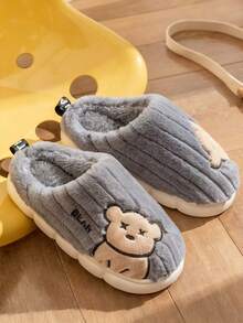1 par de nuevas pantuflas de peluche con estampado de oso de dibujos animados para niños, zapatos cálidos y suaves para otoño e invierno, con suela antideslizante y plana, ideales para el uso invernal - Gris - Ver 7