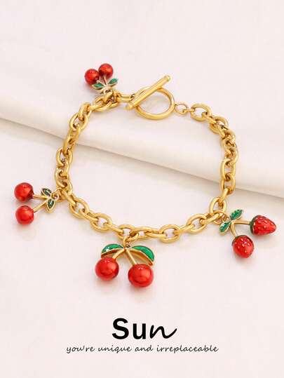1pc Stainless Steel Cute Cherry Gold Colour Pendant Bracelet For Women PVD Plated Enamel Charms Chain Bracelets Girl Waterproof Jewelry