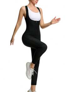 2025 Nuevo Mono de Sauna Fitness de 4 en 1 para Dar Forma, Conjunto Exclusivo de Yoga Sauna para Pérdida de Peso de Mujer: Mono Camiseta de Corte Minimalista de unicolor con Cintura Alta, Mono de Sauna para Dar Forma a la Mujer con Soporte de Busto Fijo + Diseño con Cremallera, Emparejado con Cinturón de Cintura Recubierto de PU, Silueta de Entrenamiento talla grande Prominente, Adecuado para Fitness, Correr, Ejercicio y Otros Escenarios