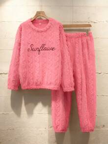 Conjunto De Dos Piezas Pijama Para Dama Manga Larga Polar Con Efecto Bordado - Rosa coral - Ver 1