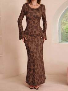 Onicee Women's Fashionable Printed Crew Neck Long Sleeve Dress, Autumn - Brown - View 9