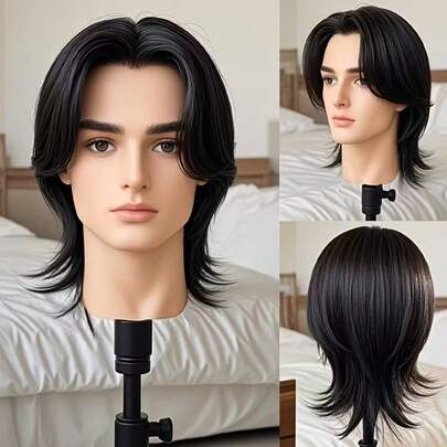 180% Density Curly Wavy Black Wig With Bangs And Wolf Tail Ponytail Style For Men, Adjustable, Suitable For Theater, Everyday Wear - Realistic Hair Piece, Fits All Skin Tones