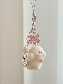 1pc Cute Flocked Bear Phone Charm, Girly Bow Cartoon Animal Bag Pendant - Multicolor - View 7