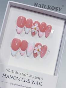 nailrosy 10 Peças Unhas Postiças Prensadas Feitas à Mão, Formato Amendoado Médio, Branco e Rosa, Decoração Floral 3D para Casamento, Kit de Unhas Acrílicas Postiças com Gel Poli, Unhas Falsas para Festa de Casamento, Aniversário, Emo, Gótico, Suprimentos de Unhas Acrílicas Fofas e Elegantes, Arte de Unhas 3D com Gel Esculpido e Flores