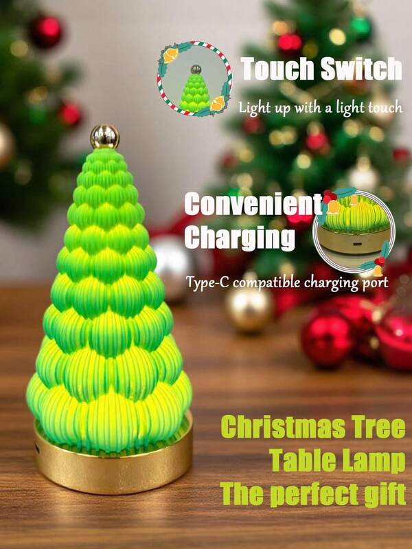 1PC Green Christmas Tree Table Lamp, Touch-Sensitive Switch, Adjustable Colour Temperature, Battery-Powered, Suitable For Decorative Ambient Lighting In Bedrooms, Dining Tables And Living Rooms, Room Decor, Led Lights For Room, Bedroom Decor