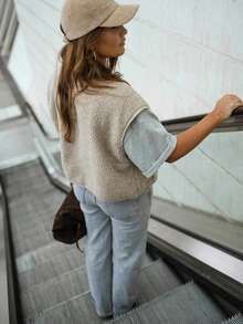 Women's Fashionable Black Sleeveless Vest With Waterfall Collar, Knitted Fabric, Button Front, Regular Length, Suitable For Casual Style