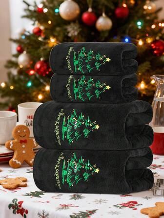 4pcs Set [2 Face Towels + 2 Bath Towels] Christmas Coral Fleece Embroidered Towel Set, Soft & Comfortable, Absorbent & Quick-Drying, Suitable For Bathing, Washing Face, Gifting, Decoration, Daily Use