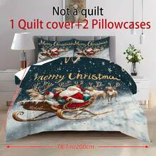 Decorațiuni de Crăciun, set de lenjerie de pat cu husă de pilotă, 2/3 buc, cu imprimeu de Moș Crăciun și reni, roșu, verde și auriu, set de pilotă, cu 1 husă de pilotă și 2 fețe de pernă, cuvertură de pat king-size, cearșaf de pat, poliester moale, prietenos cu pielea, lavabil la mașină, curățare chimică. Este potrivit pentru decorarea casei și a dormitorului, decorul camerei, decorul dormitorului, articole de decorare a camerei, set de pilotă queen-size, este un cadou bun de ziua de naștere.