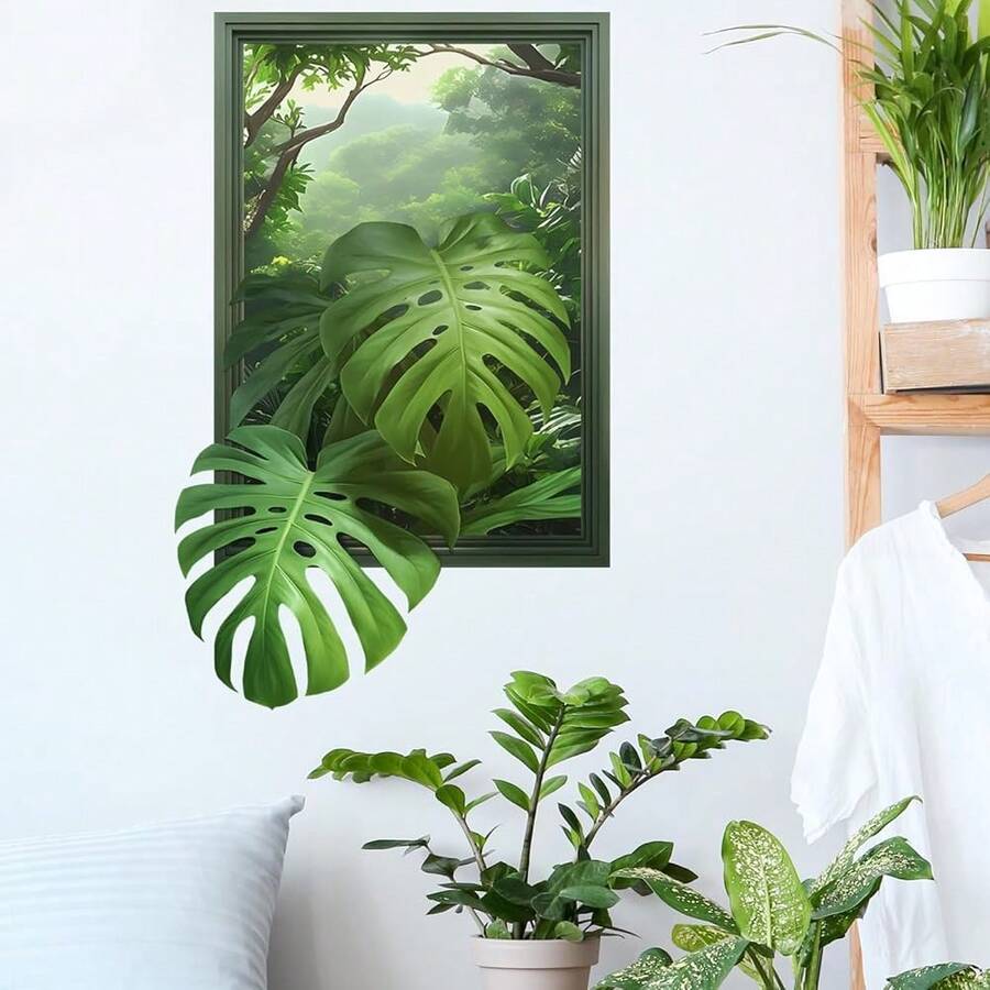 3D Monstera Leaves Fake Window Wall Stickers For Living Room Tropical Jungle View Green Plants Wall Decals Removable Peel And Stick Wall Art Home Decor Decoration For Bedroom Bathroom Library{"Color":"Green"} - Green - View 1