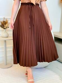 Pleated Skirt With Elastic At The Waist - marrón - Ver 3