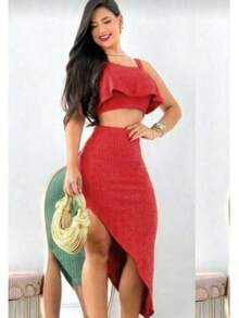 Women's Cropped Set With Ruffle And Skirt - Rojo - Ver 2