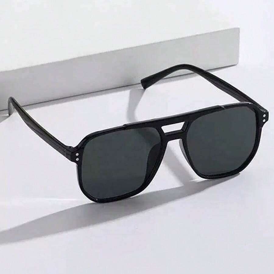 Retro Large Frame Square Sunglasses, Unisex Personalized Rivet Double Bridge Driving Cycling Glasses, Solid Color Vintage Style, Suitable For All Seasons