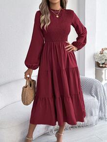 Elegant Floral Lace Trim Round Neck Lantern Sleeve Ruffle Hem Mid-Length Dress For Women, Spring/Autumn - Burgundy - View 4