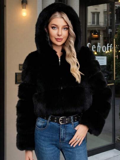 Elegancki damski czarny, modny, ciepły, sztuczny futro z kapturem, regularna długość, długi rękaw, regularny rękaw, płaszcz na zimę