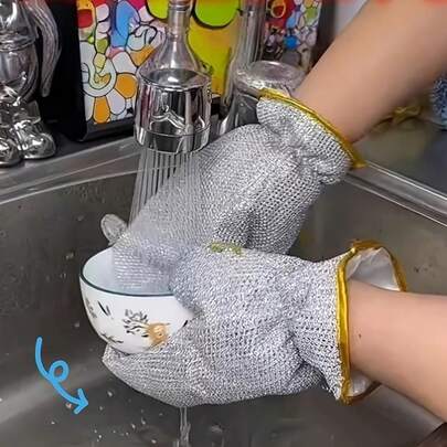 1/2 Dishwashing Gloves, PVC Kitchen Cleaning Gloves - Comfortable Household Laundry Double-Sided Silver Wire Scrubbing Gloves, Suitable For Washing Vegetables, Pots, Stoves And Other Multi-Functional Cleaning