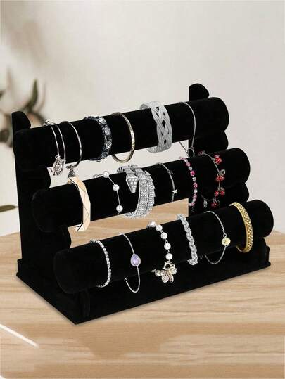 1pc Removable Bracelet Display Stand, 3-Tier Velvet Bracelet Holder, T-Bar Necklace Organizer, Double-Layer T-Shape Bracelet Display Rack, Black Detachable Jewelry Display Stand For Bangle, Watch, Bracelet, Elastic Jewelry, Home Storage And Display, Gift For Girlfriend, Mom, Dad, Christmas, Halloween
